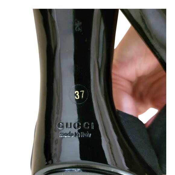 Gucci Black Beige Patent Leather GG Logo Turnlock Mule Heel Slides 37 US 7 - Picture 8 of 15